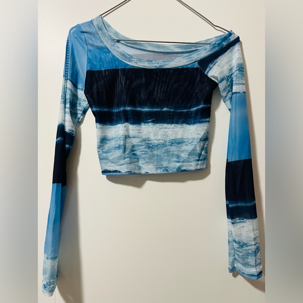 Summer Women New Sexy Nightclub Mesh Perspective Printing Long Sleeved Top